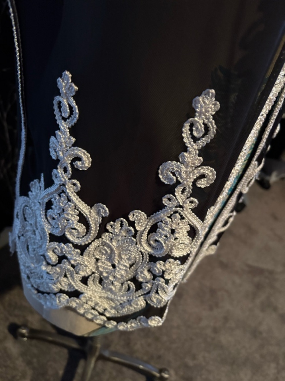 Sheer Black Embroidered open cardigan with White ribbon Lace Detail - Picture 6 of 13